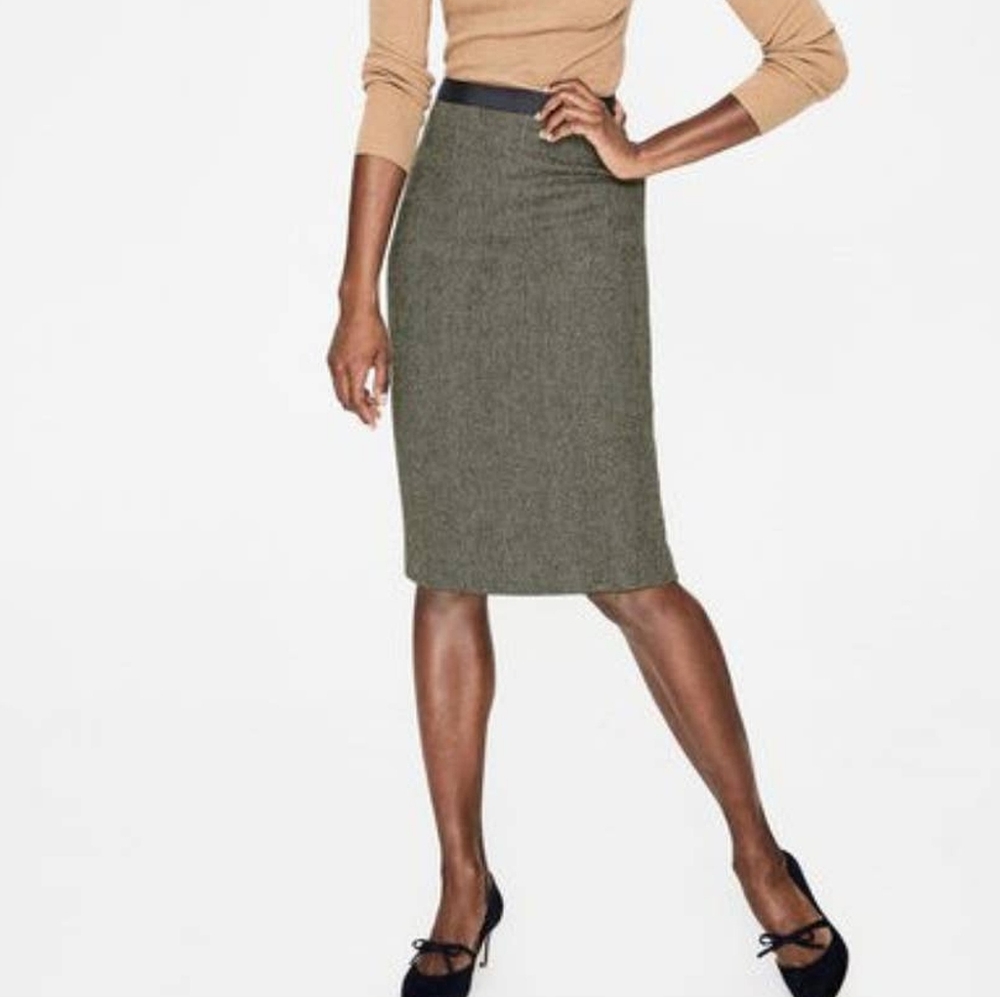 Boden: Wool Tweed Grey Green Herringbone Pencil Skirt